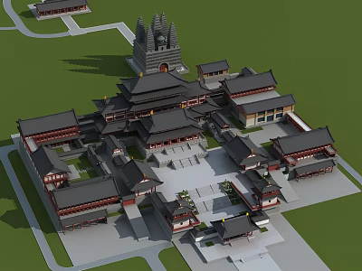 Ancient Chinese Architecture Complex With Traditional Courtyards And Tower Structure 3d model