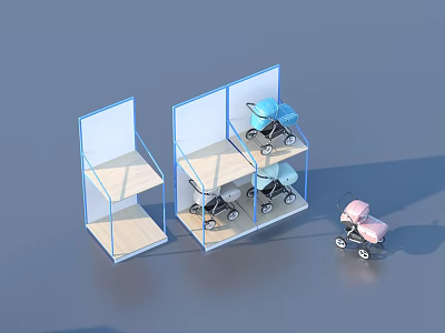 Blue Framed Display Shelves With Baby Strollers And Pink Stroller 3d model