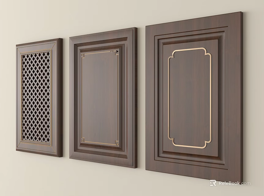 Dark Brown Wooden Wardrobe Doors With Different Designs Including Lattice And Gold Frames 3d model 
