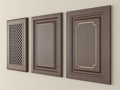 Dark Brown Wooden Wardrobe Doors With Different Designs Including Lattice And Gold Frames 3d model