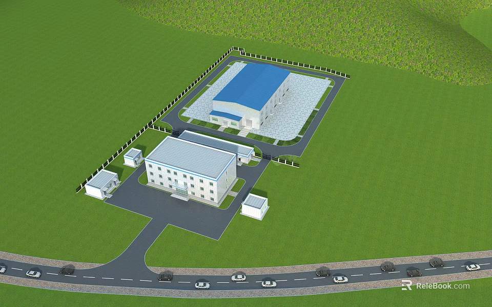 Aerial View of Modern Industrial Factory With Blue Roof Green Surroundings and Auxiliary Buildings 3d model 