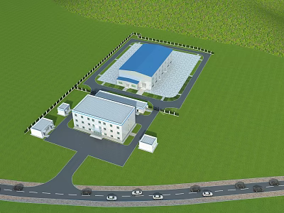Aerial View of Modern Industrial Factory With Blue Roof Green Surroundings and Auxiliary Buildings 3d model