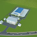 Aerial View of Modern Industrial Factory With Blue Roof Green Surroundings and Auxiliary Buildings