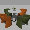 Modern Round Table With Four Colored Velvet Chairs In Green Beige And Orange Tones