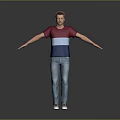 Man Wearing Red and Blue Striped T-shirt Blue Jeans White Sneakers Arms Outstretched Gray Background