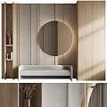 Minimalist Sofa Background Wall With Circular Mirror Wooden Decor And Soft Lighting 3d model