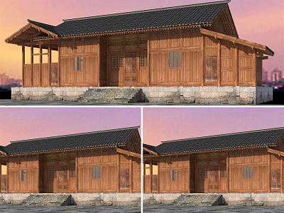 Traditional Wooden House Exterior With Black Roof Stone Base And Sunset Sky 3d model