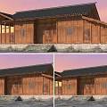 Traditional Wooden House Exterior With Black Roof Stone Base And Sunset Sky