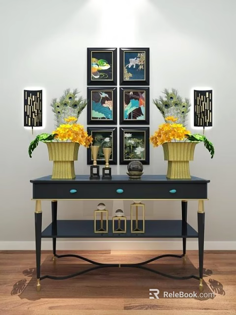 Stylish Black Console Table with Gold Vases Yellow Flowers Wall Sconces and Decorative Paintings 3d model 