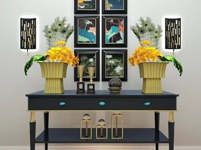 Stylish Black Console Table with Gold Vases Yellow Flowers Wall Sconces and Decorative Paintings 3d model