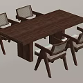 Stylish Wooden Rectangular Dining Table Set With Four Upholstered Chairs And Woven Backrests 3d model