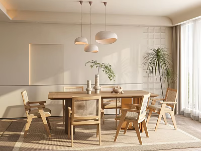 Modern Restaurant Interior With Wooden Dining Table Chairs Pendant Lights Green Plants And Natural Light 3d model