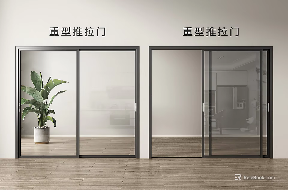 Heavy Duty Sliding Glass Doors For Modern Interior With Wooden Floor And Plant 3d model 