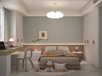 Modern Kids Room Interior With Bed Desk Chair Ceiling Lamp And Stuffed Toys 3d model