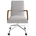 Stylish Comfortable Light Gray Fabric Office Chair With Wooden Armrests And Swivel Rolling Chrome Base