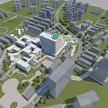 Modern Hospital Building High Rise With Glass Curtain Wall Plaza Parking Lot Trees Blue Sky