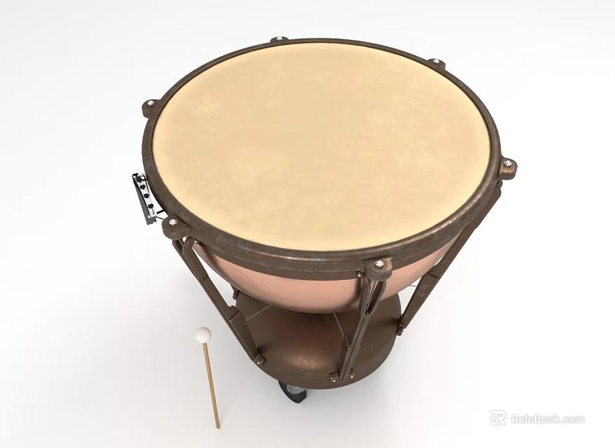 Professional Timpani Percussion Instrument With Natural Drumhead Metal Frame And Mallet 3d model 