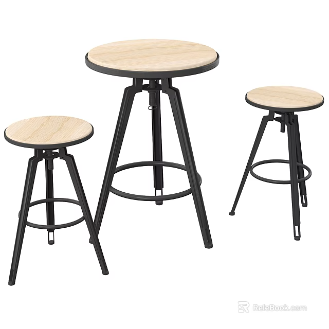 Modern Round Table and Chair Set with Light Wood Top and Black Metal Legs 3d model 