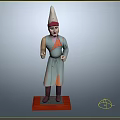 Hand Carved Human Figure Sculpture With Conical Hat Green Orange Robe And Red Wooden Base