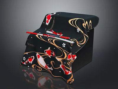 Red Weapons With Koi Fish And Golden Wave Pattern On Black Box Cloth 3d model