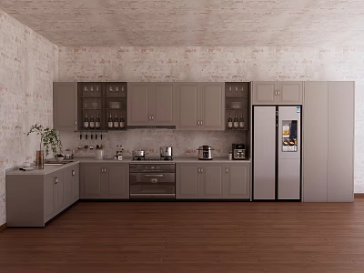 Modern Kitchen Interior With Gray Cabinets Refrigerator Oven And Wooden Floor 3d model
