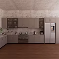 Modern Kitchen Interior With Gray Cabinets Refrigerator Oven And Wooden Floor