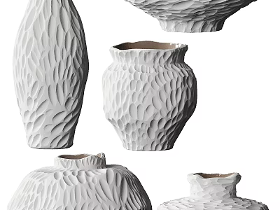 White Textured Ceramic Vessels With Artistic Design And Various Shapes For Home Decor 3d model