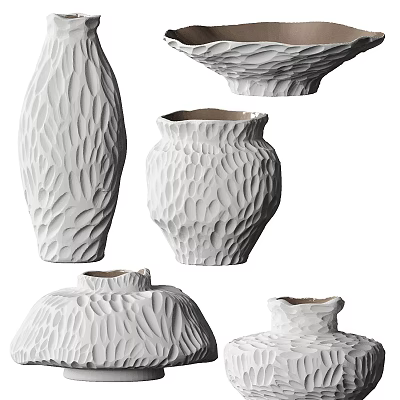White Textured Ceramic Vessels With Artistic Design And Various Shapes For Home Decor 3d model