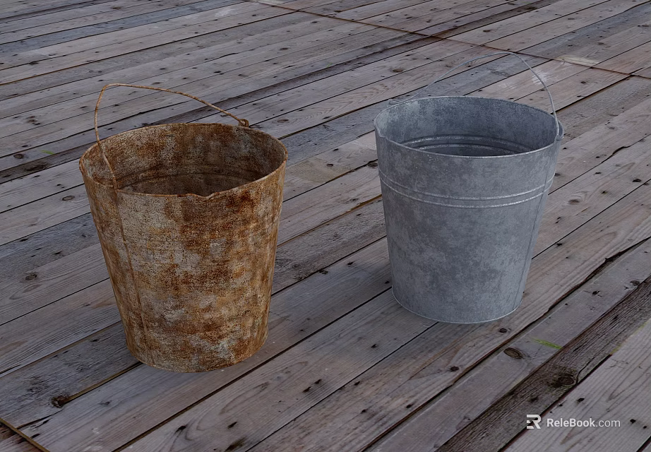 Industrial Equipment Two Rusted Brown And Silver Metal Buckets On Wooden Floor 3d model 