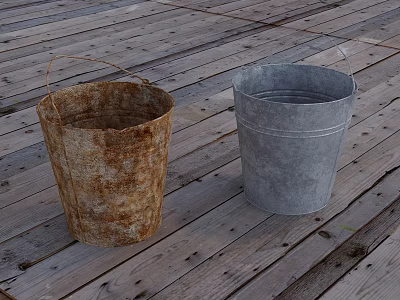 Industrial Equipment Two Rusted Brown And Silver Metal Buckets On Wooden Floor 3d model