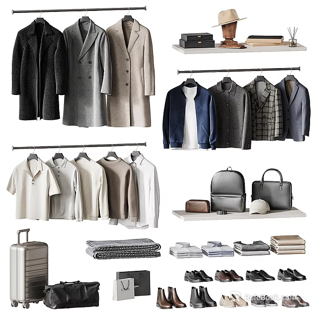 Versatile Clothes Collection Featuring Hanging Folded Coats Shirts Suits Bags Shoes 3d model 