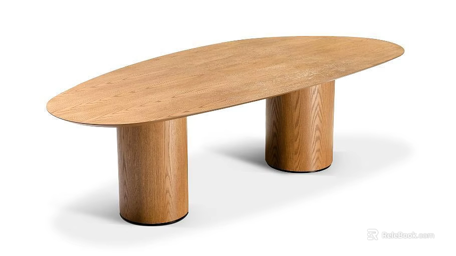 Modern Minimalist Oval Wooden Dining Table With Two Cylindrical Legs Design 3d model 
