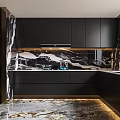 Modern Kitchen With Black Cabinets Marble Countertops Large Windows City View And Marble Flooring