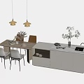 Modern Dining Table Set With Chairs Hanging Lights Green Plants And Countertop 3d model