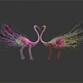 Pink and Gray Flamingo Sculptures With Heart Shaped Necks Feather Details And Reflection