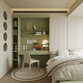Tatami Bedroom Interior Design With Green Storage Shelves Desk Chair And Decorative Items