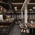 Elegant Restaurant Interior With Wooden Ceiling Lantern Pendant Lights And Long Dining Tables