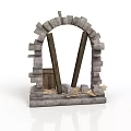 Ancient Style Stone Arch Structure With Wooden Beams And Stone Base