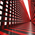 Exhibition Hall Featuring Red Shelves White Display Boxes Golden Patterns And Symmetrical Extended Aisle