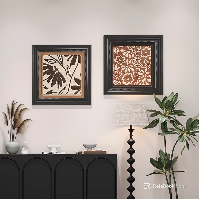 Framed Abstract Paintings With Floral Patterns On White Wall Near Black Cabinet And Green Plants 3d model 