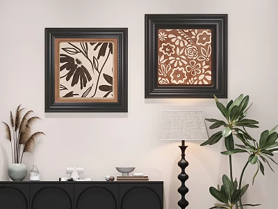 Framed Abstract Paintings With Floral Patterns On White Wall Near Black Cabinet And Green Plants 3d model
