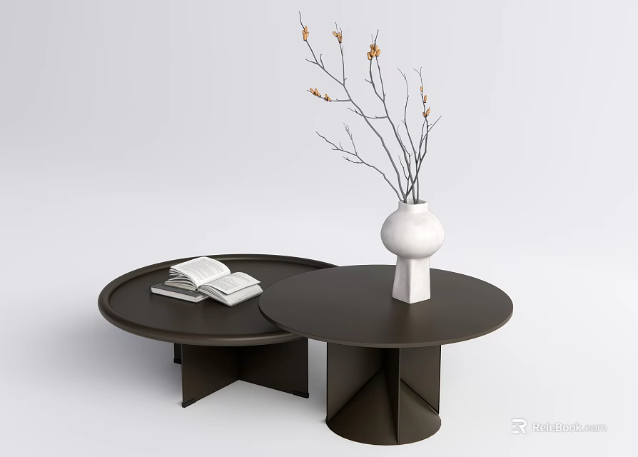 Modern Dark Round Coffee Tables With White Vase Branches And Open Book 3d model