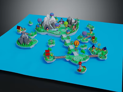 Colorful Playful Cartoon Scenery With Islands Mountains Hot Air Balloons Lighthouse Bridge Pathway Cottages Trees 3d model
