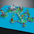 Colorful Playful Cartoon Scenery With Islands Mountains Hot Air Balloons Lighthouse Bridge Pathway Cottages Trees