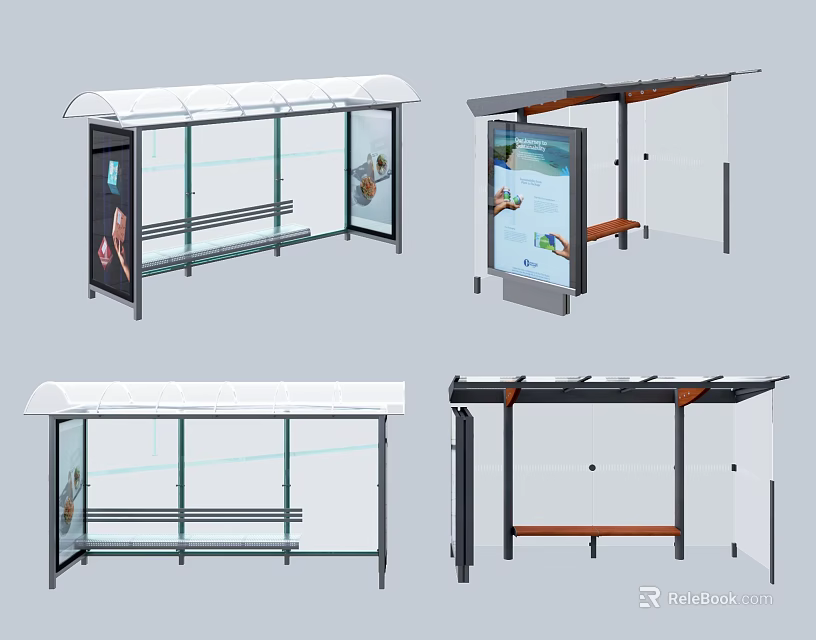 Modern Bus Stop Design With Canopy Transparent Panels Bench And Advertising 3d model 