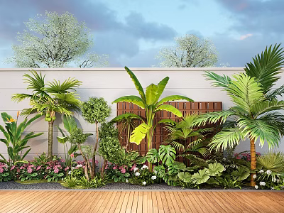 Lush Tropical Garden Landscape With Palm Trees Banana Plants Colorful Flowers And Wooden Deck 3d model