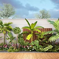 Lush Tropical Garden Landscape With Palm Trees Banana Plants Colorful Flowers And Wooden Deck