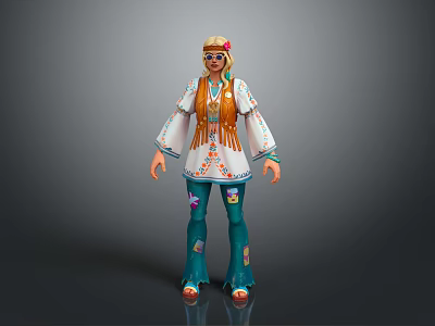 Vibrant Game Movie Character With Floral Headpiece Embroidered Top Flared Pants And Long Hair 3d model