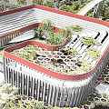 Modern Office Building Exterior With Greenery Covered Facade Red Structural Elements And Glass Walls