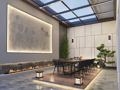Villa Balcony With Glass Roof Large Decorative Painting Stone Wall Fireplace Table Chairs And Plants 3d model